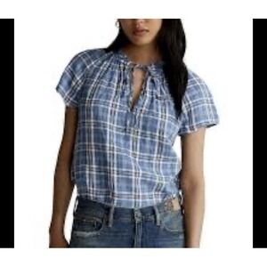 Polo Ralph Lauren Women's Blue Linen Plaid Tie Neck Blouse Sz XS Preppy Coastal